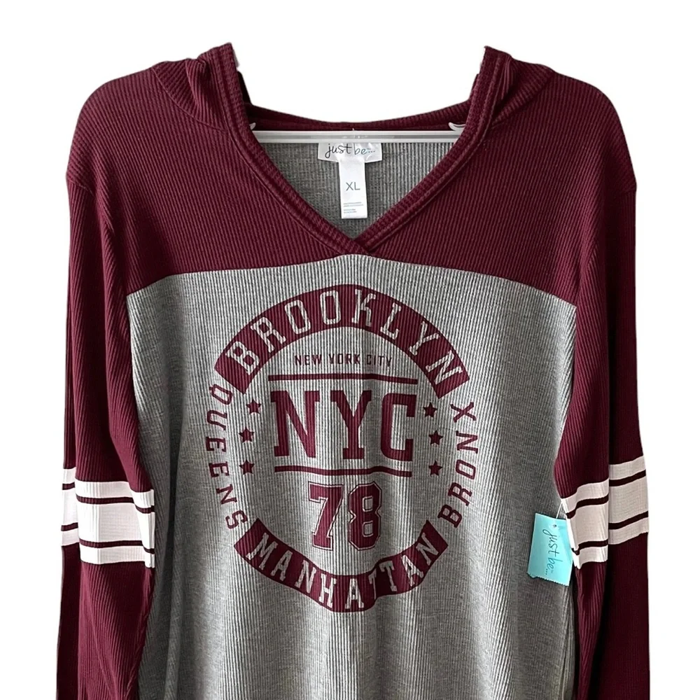 just be NYC Thermal Football Style V-neck Hooded Long Sleeve Shirt - Picture 2 of 16